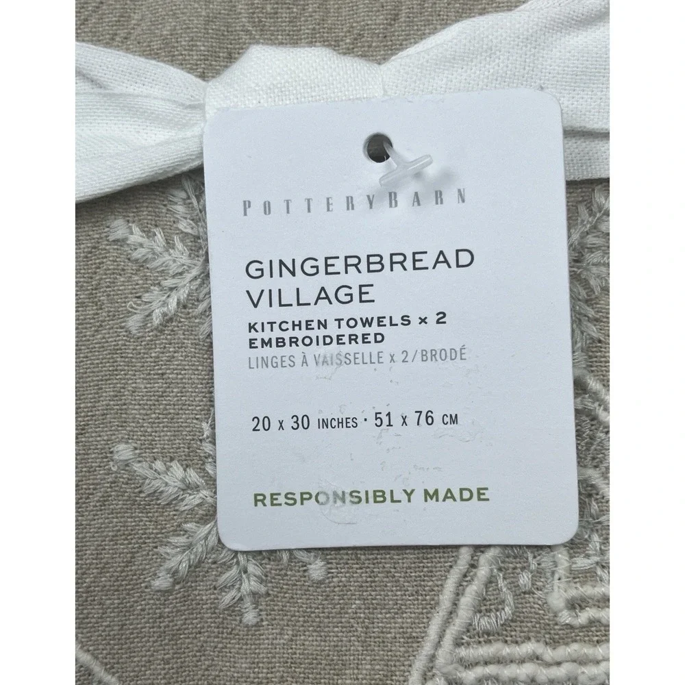 Pottery‎ Barn Set of 2 Gingerbread Village Embroidered Kitchen Tea Towels NEW